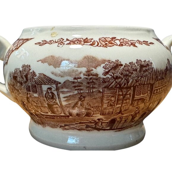 Alfred Meakin Fair Winds Pottery Sugar Bowl With Dual Handles & Scenic Pattern - Picture 3 of 10